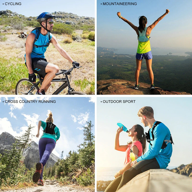 Ultralight outdoor trail running backpack with hydration bladder, breathable design, ideal for jogging, cycling, and marathon fitness.