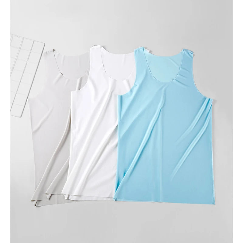 KIMR Apparel men's ice silk solid color tank top with U-neck, sleeveless, seamless, elastic fitness casual undershirt, youth style