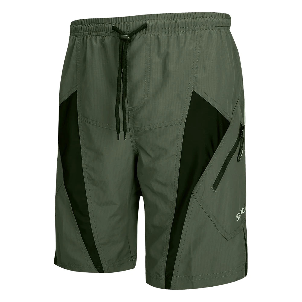 Santic men's cycling shorts with 3D padded design, Coolmax fabric, loose fit MTB bicycle bottoms for downhill riding and fitness.