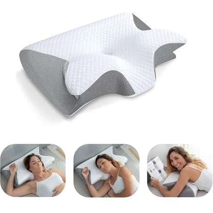 Memory foam cervical pillow with ergonomic contour design for neck support and pain relief, ideal for comfortable sleep.