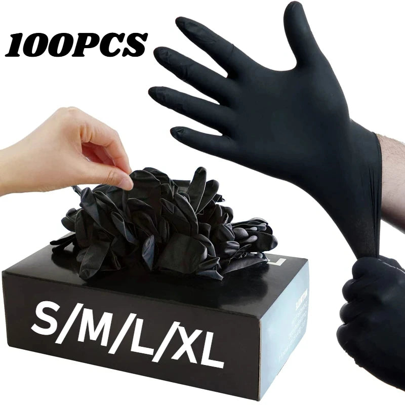 Black nitrile disposable gloves for work and cleaning, textured, latex-free, suitable for mechanics, tattooing, hair dye, and beauty tasks.