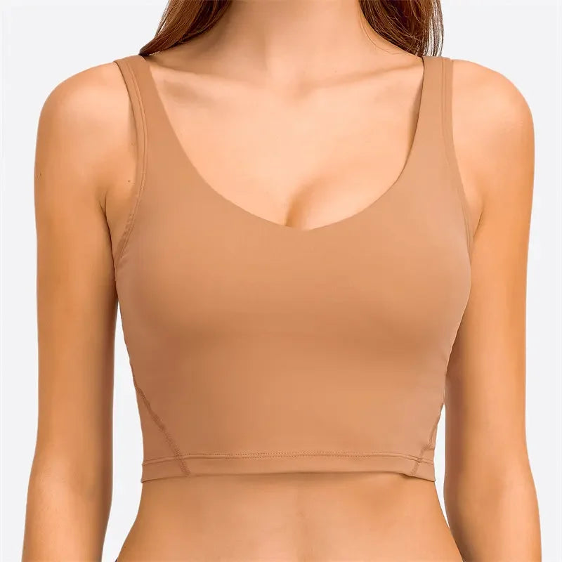 Nepoagym PASSION tank top with built-in shelf bra, removable padding, longline crop for yoga and gym workouts, black color