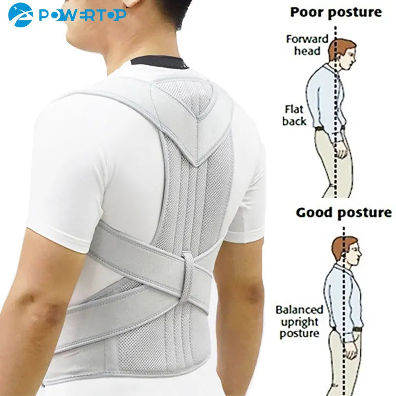 Adjustable posture corrector brace for men and women, supports back, clavicle, and helps prevent slouching and hunching.
