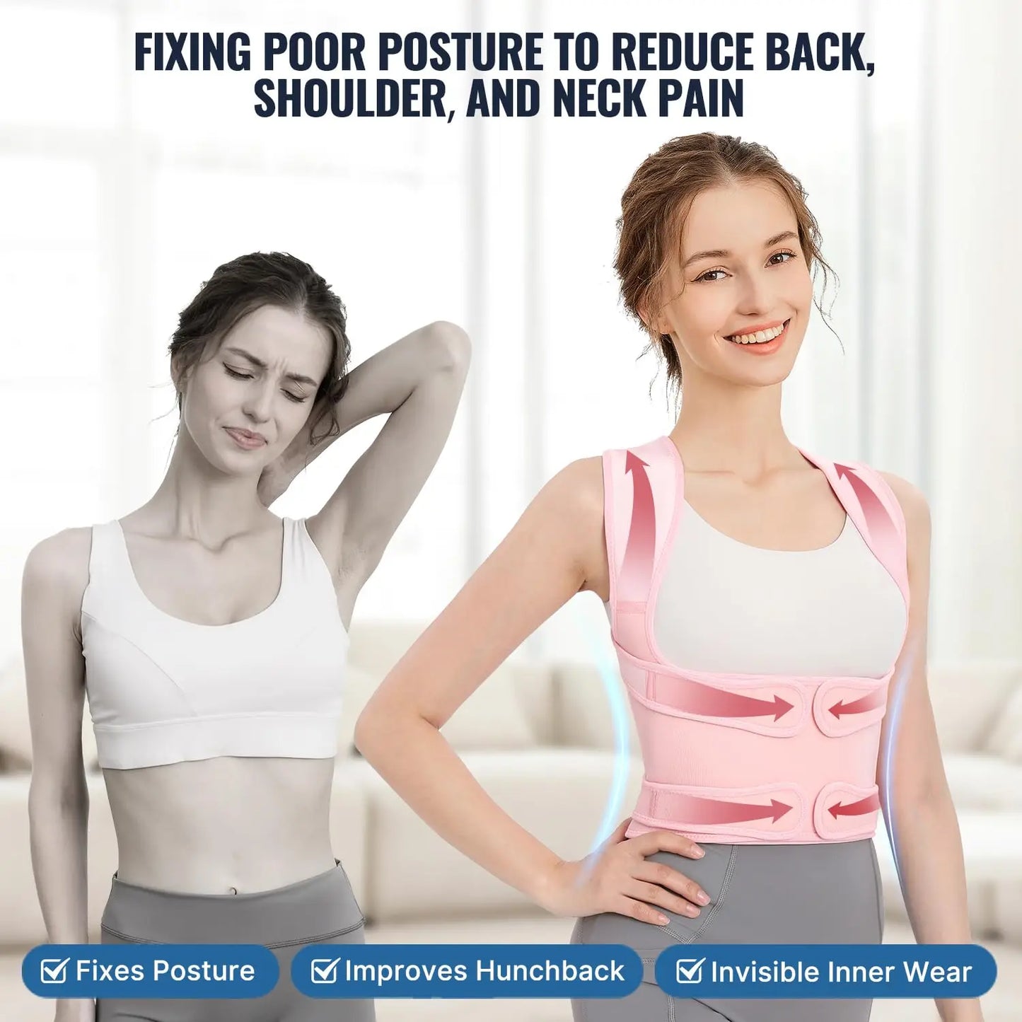 DAYO FITNESS STORE women's back brace posture corrector with adjustable straps, providing upper and lower back support for pain relief.