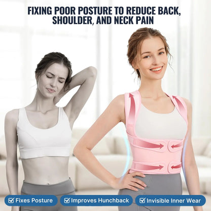 DAYO FITNESS STORE women's back brace posture corrector with adjustable straps, providing upper and lower back support for pain relief.