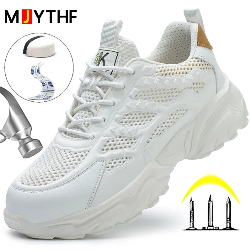 White breathable mesh safety shoes for men and women, lightweight work sneakers with protective, indestructible design.