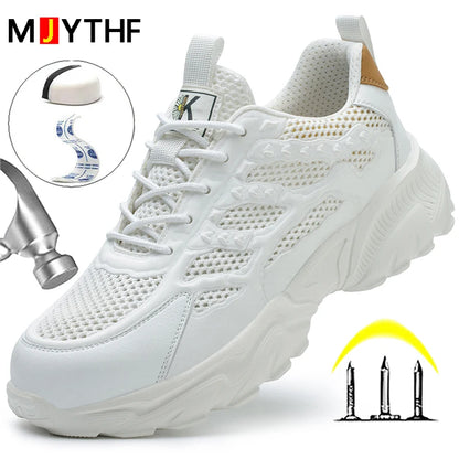 White breathable mesh safety shoes for men and women, lightweight work sneakers with protective, indestructible design.