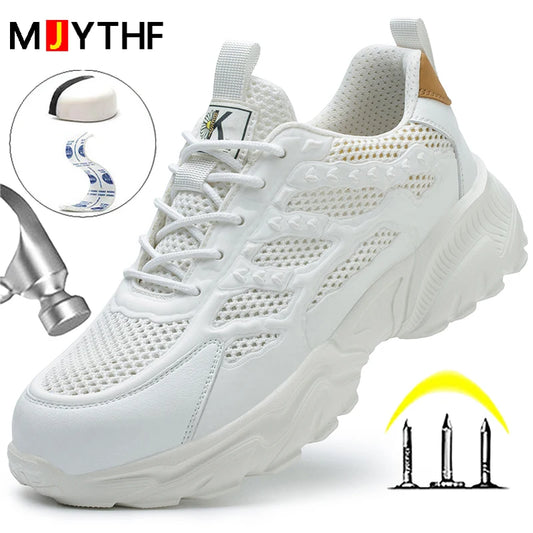 White breathable mesh safety shoes for men and women, lightweight work sneakers with protective, indestructible design.