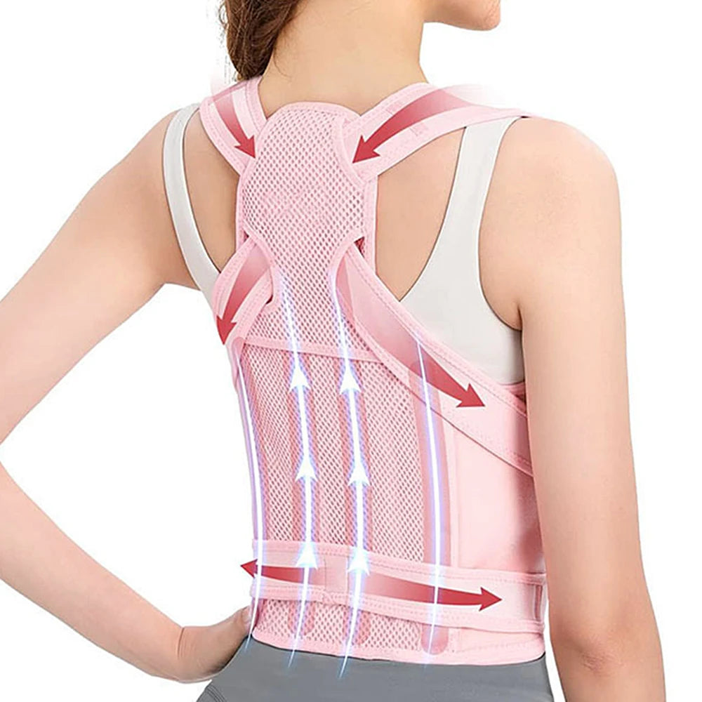 Adjustable women's back brace posture corrector with shoulder and full back support for upper and lower back pain relief.