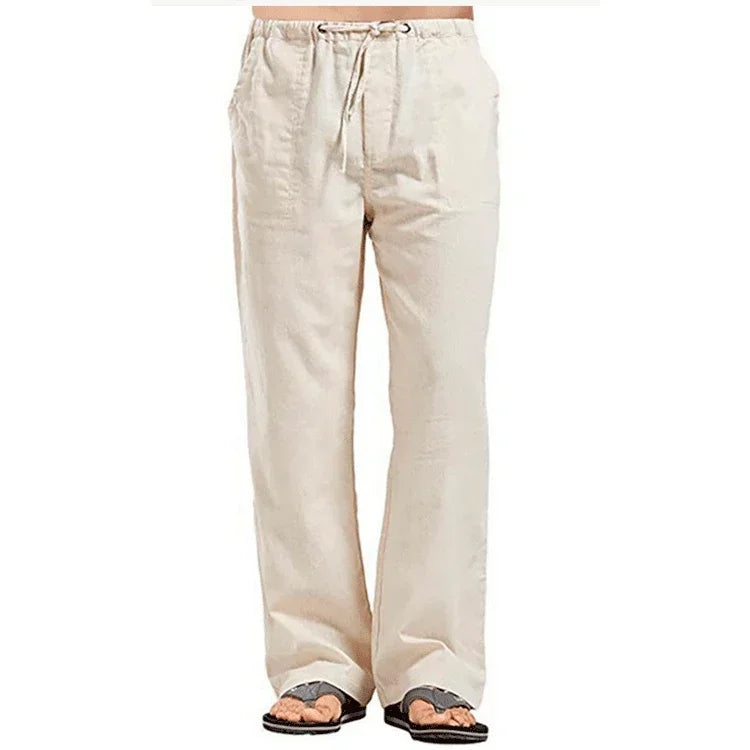 Men's cotton linen pants in solid color, breathable casual trousers with elastic waist, suitable for summer and fitness activities.