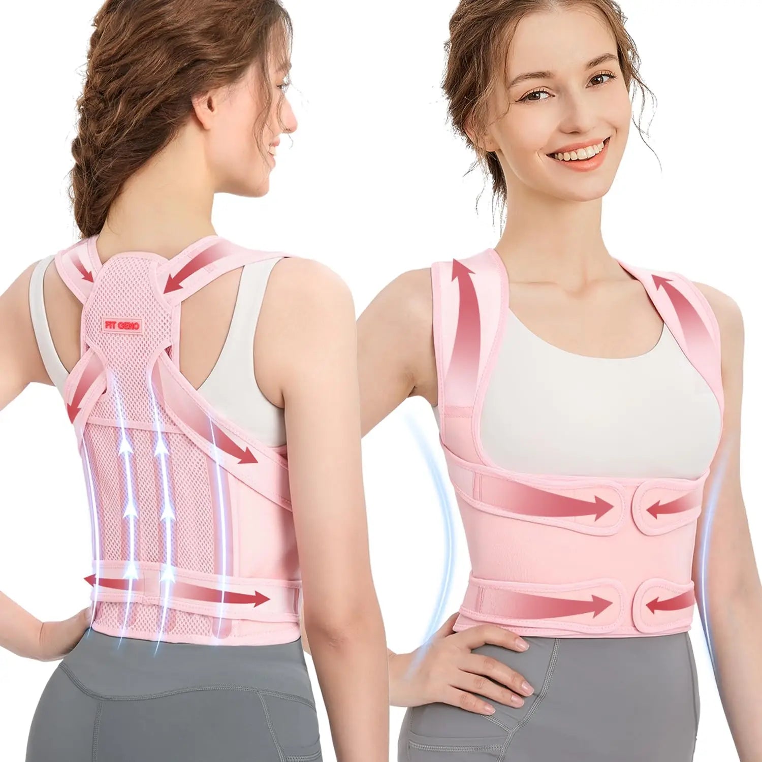 Adjustable back brace posture corrector for women supporting upper and lower back, designed to improve posture and relieve pain.