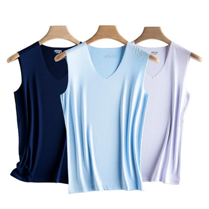 Seamless men's silk tank top vest, sleeveless sports bodysuit in plain style, ideal for casual summer gym wear.