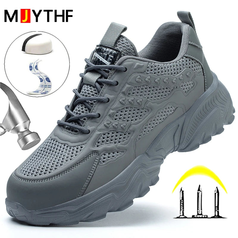 White breathable mesh safety shoes for men and women, lightweight protective work sneakers with durable design for summer use.