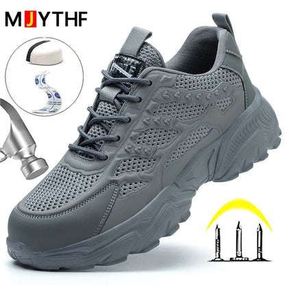 White breathable mesh safety shoes for men and women, lightweight protective work sneakers with durable design for summer use.