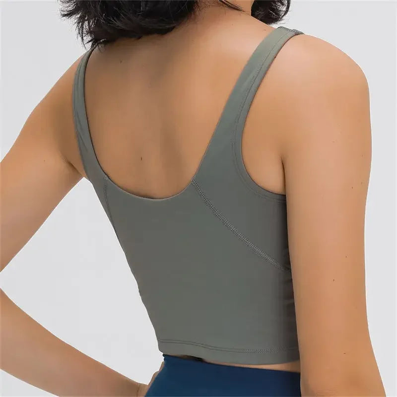 Nepoagym PASSION tank top with built-in shelf bra, removable padding, longline design, perfect for yoga and gym workouts.