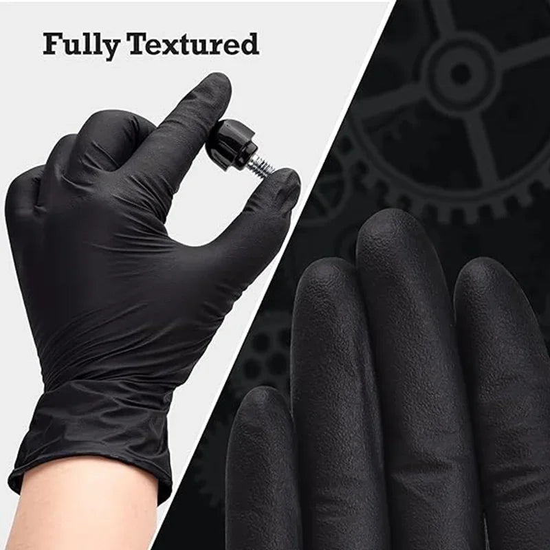 Black nitrile disposable gloves for work, cleaning, mechanic, tattoo, hair dye, and beauty applications, textured and latex-free.