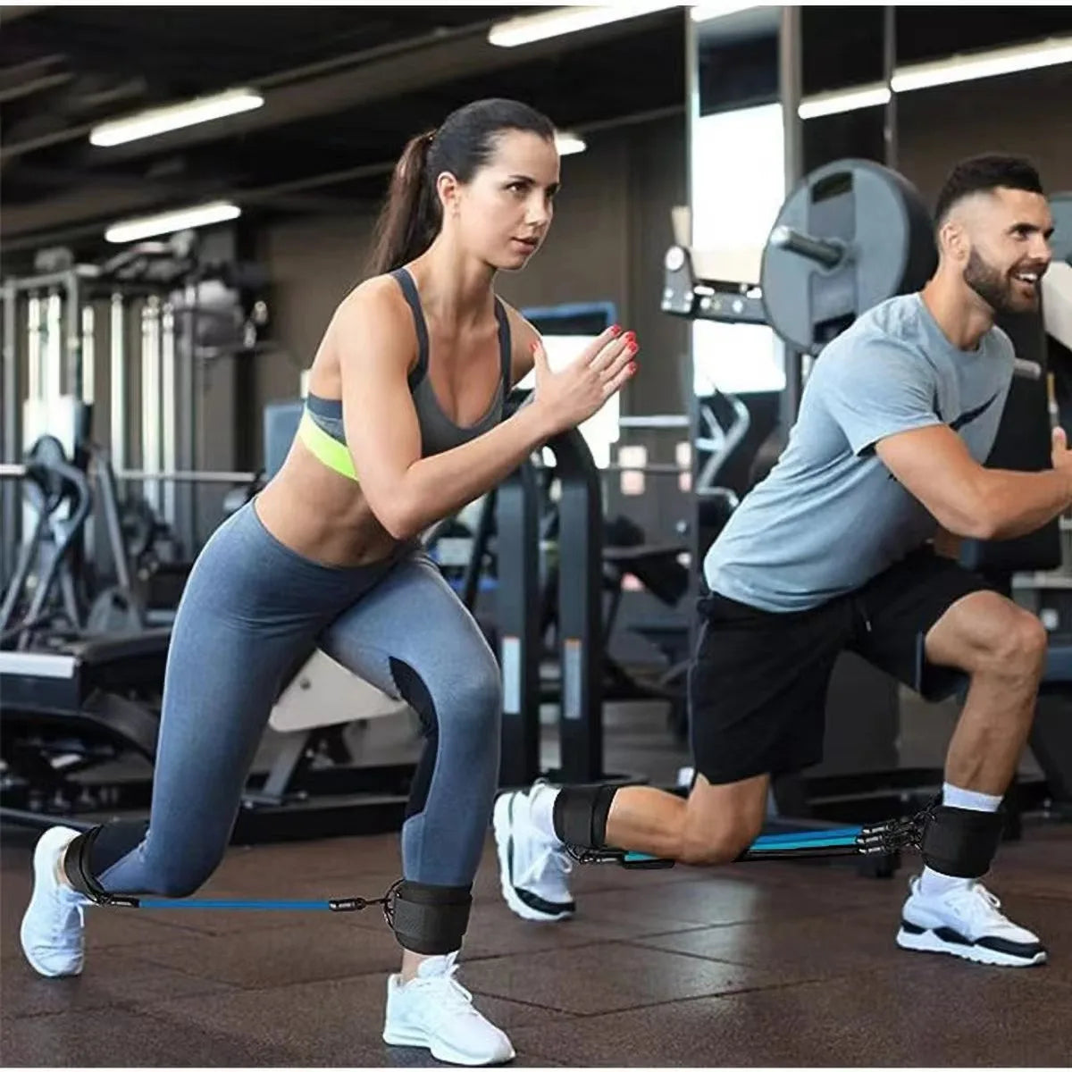 TPE resistance bands with ankle straps for glute workouts, squat exercises, yoga, and gym leg strength training.