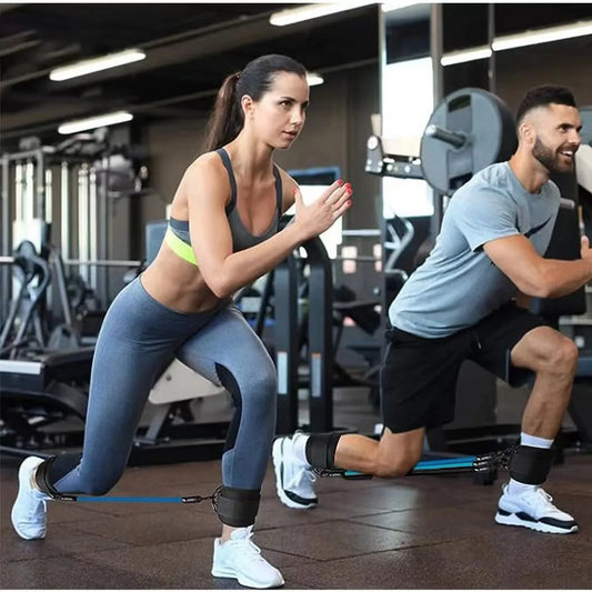 TPE resistance bands with ankle straps for glute workouts, squat exercises, yoga, and gym leg strength training.