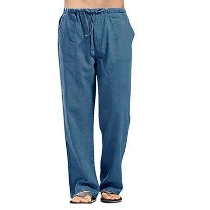 Men's cotton linen summer pants with breathable fabric, casual elastic waist, solid color, and relaxed fit by King Billion.