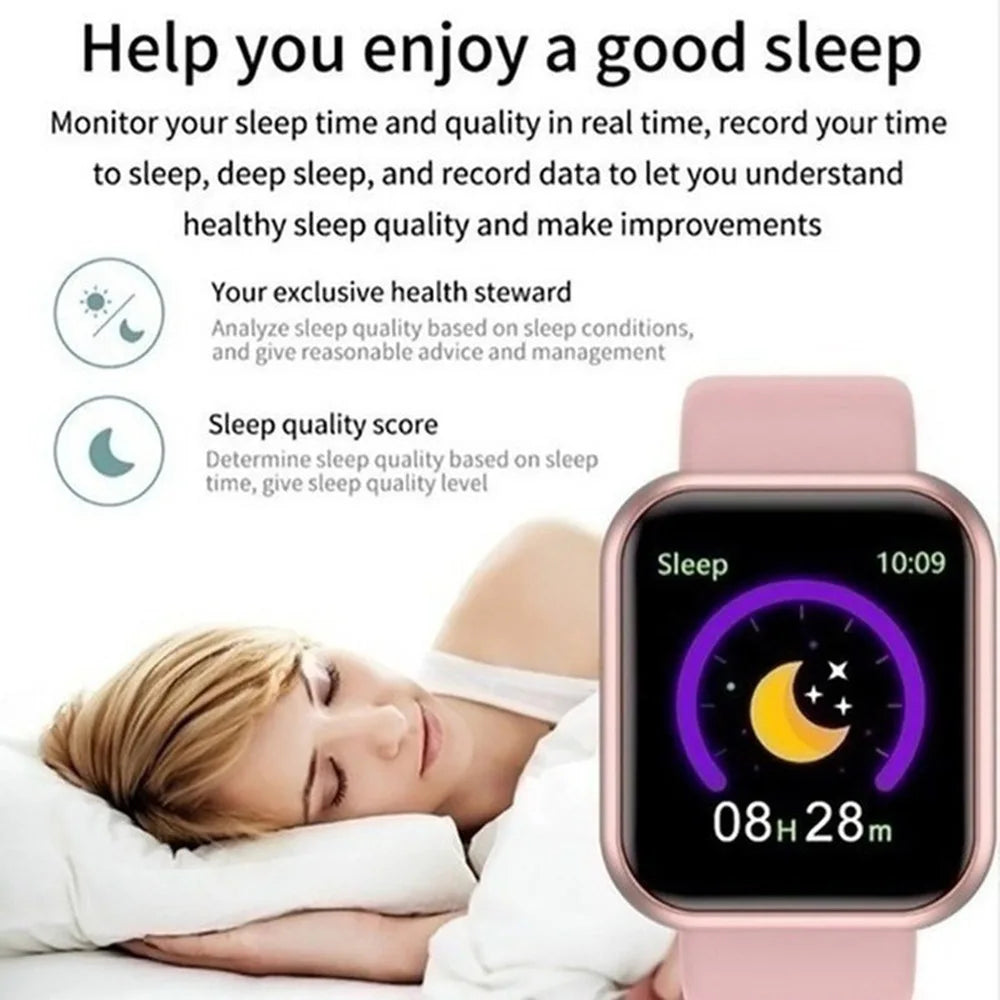 Smartwatch with Bluetooth, fitness tracker, sleep monitor, and music control, showing a sleek display on a black strap.