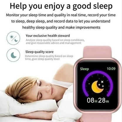 Smartwatch with Bluetooth, fitness tracker, sleep monitor, and music control, showing a sleek display on a black strap.