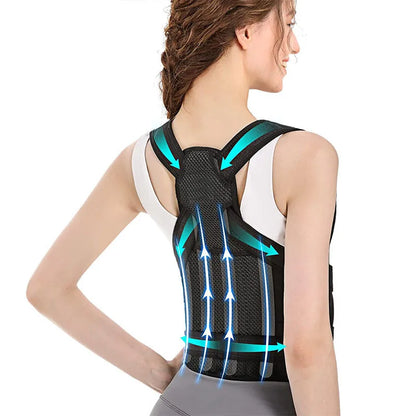 Adjustable women's back brace posture corrector with shoulder support, full back support, and pain relief for upper and lower back.