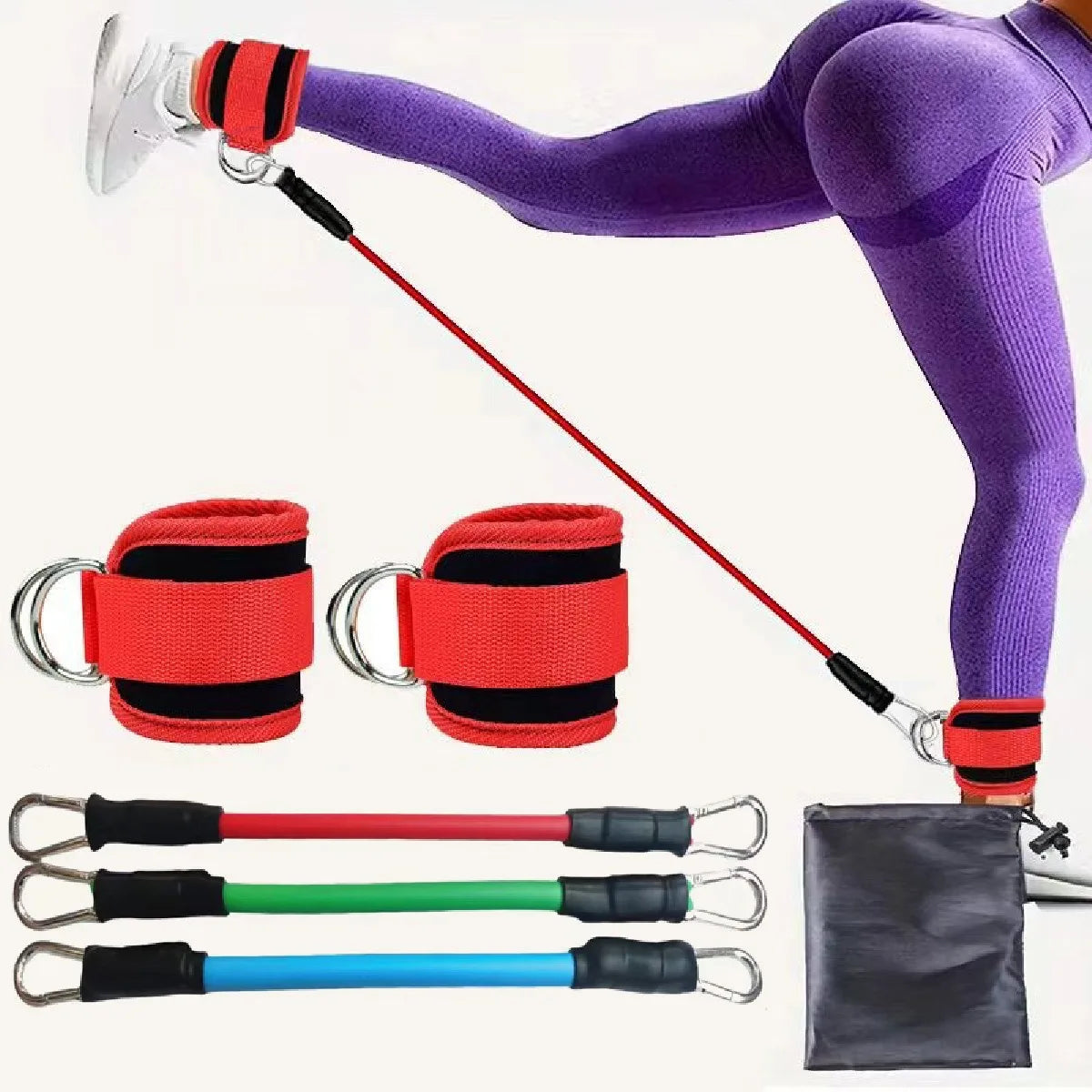 Set of TPE resistance bands with ankle straps for glute workouts, squats, yoga, and leg strength exercises during fitness routines.