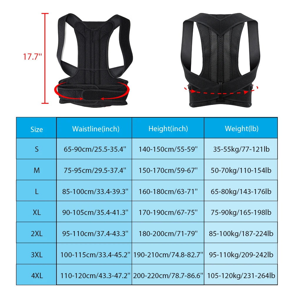 Adjustable back brace posture corrector for women and men supporting lumbar and shoulder alignment to improve posture.