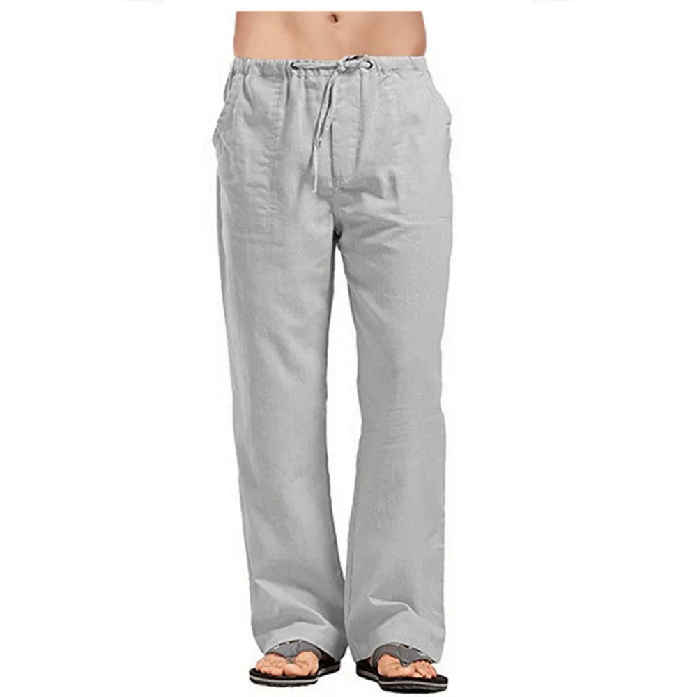 Men's cotton linen summer pants with breathable, solid color design, casual fit, elastic waist, ideal for fitness and casual wear.