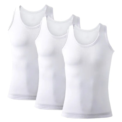 Three men's cotton tank tops from Bernie Chen Store, breathable solid sleeveless undershirts ideal for summer exercise and fitness.