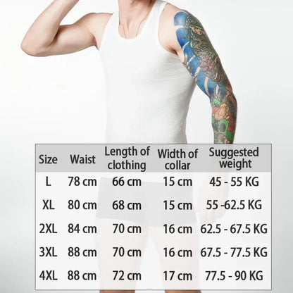 Three men's cotton tank tops in white, breathable sleeveless undershirts for summer fitness and casual wear.