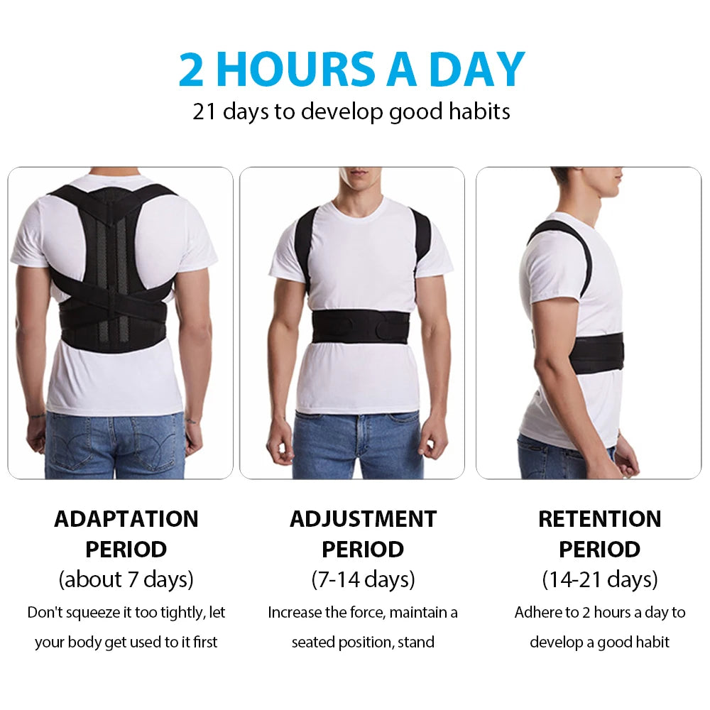 Adjustable back brace and posture corrector for women and men, offering lumbar support and shoulder alignment.