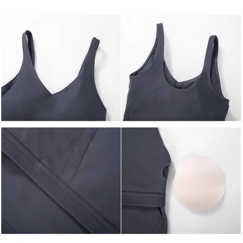 Nepoagym PASSION tank top with built-in shelf bra, removable padding, longline design, ideal for yoga and gym workouts.