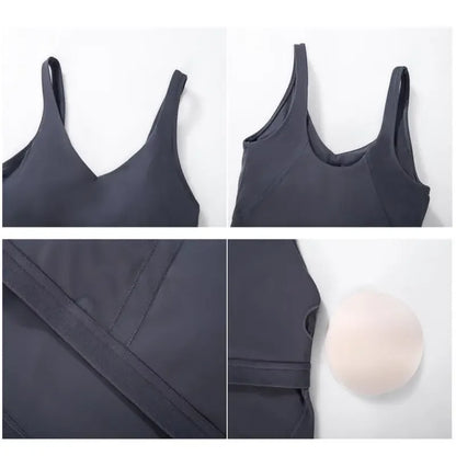 Nepoagym PASSION tank top with built-in shelf bra, removable padding, longline design, ideal for yoga and gym workouts.