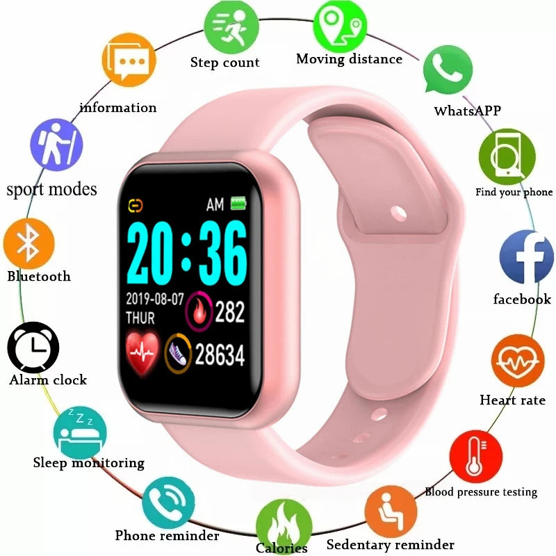 Smartwatch Y68 by OPUYYM showing digital display, fitness tracking, sleep monitor, and Bluetooth connectivity on a sleek black band.