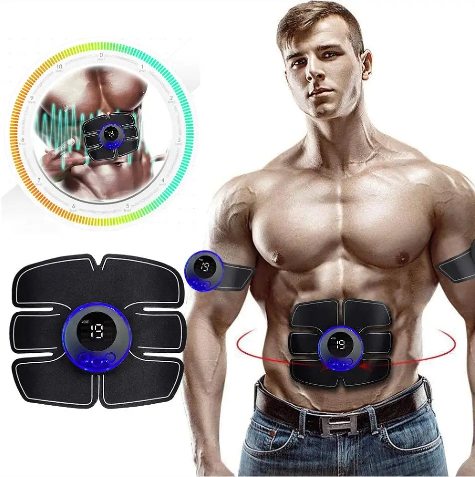 YOSYO Abdominal Muscle Massager Fitness device with arm training patches, USB charging, for muscle toning and exercise at home.