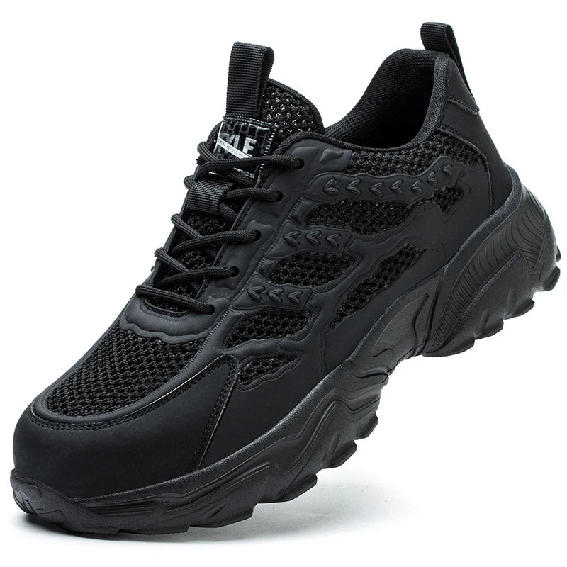 White breathable mesh safety shoes for men and women, lightweight protective work sneakers ideal for summer.