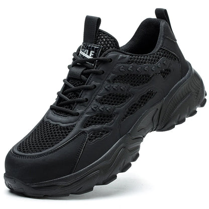 White breathable mesh safety shoes for men and women, lightweight protective work sneakers ideal for summer.