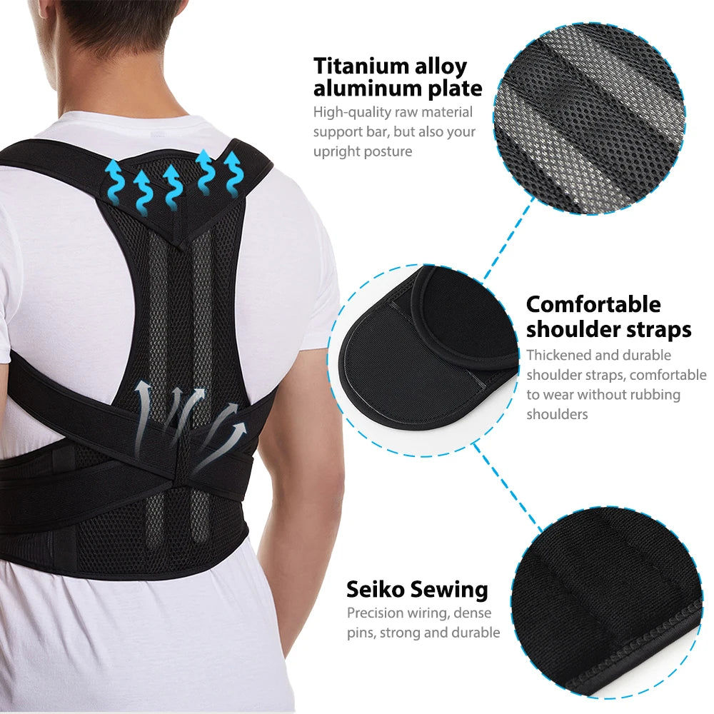 Adjustable back brace posture corrector for women and men, providing lumbar support and improving shoulder and back alignment.