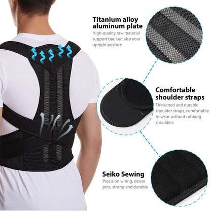 Adjustable back brace posture corrector for women and men, providing lumbar support and improving shoulder and back alignment.