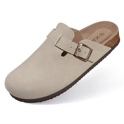 DAYO FITNESS STORE women's suede mules slippers with cork insoles, arch support, outdoor beach slides, and comfortable home shoes