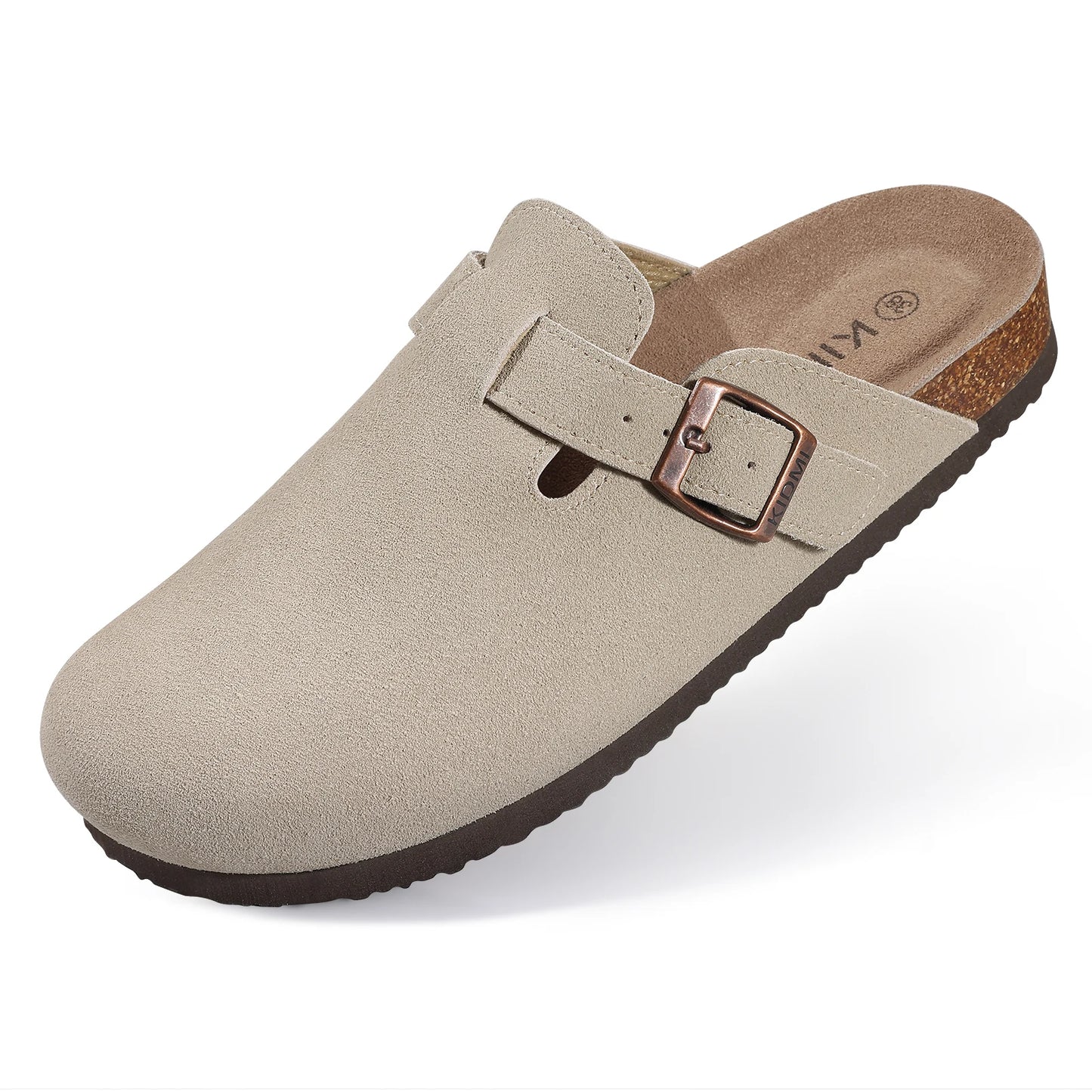 DAYO FITNESS STORE women's suede mule slippers with cork insole, arch support, outdoor beach slides, and casual home shoes.