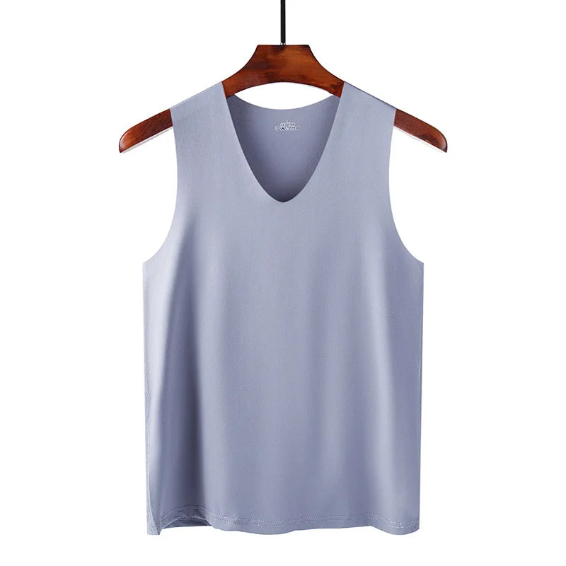 Seamless men's silk tank top vest, sleeveless sports bodysuit, plain casual summer undershirt for gym and daily wear.