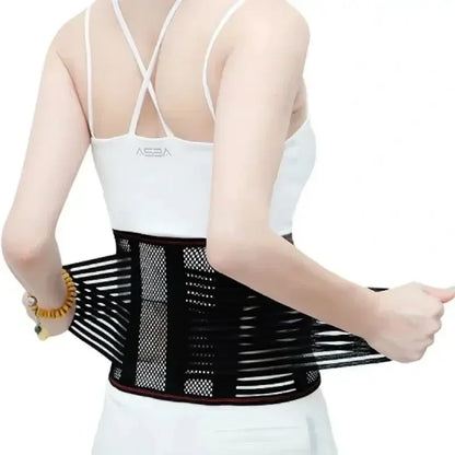 Black adjustable waist trainer belt with lumbar back brace and breathable support strap for posture correction and spine support.