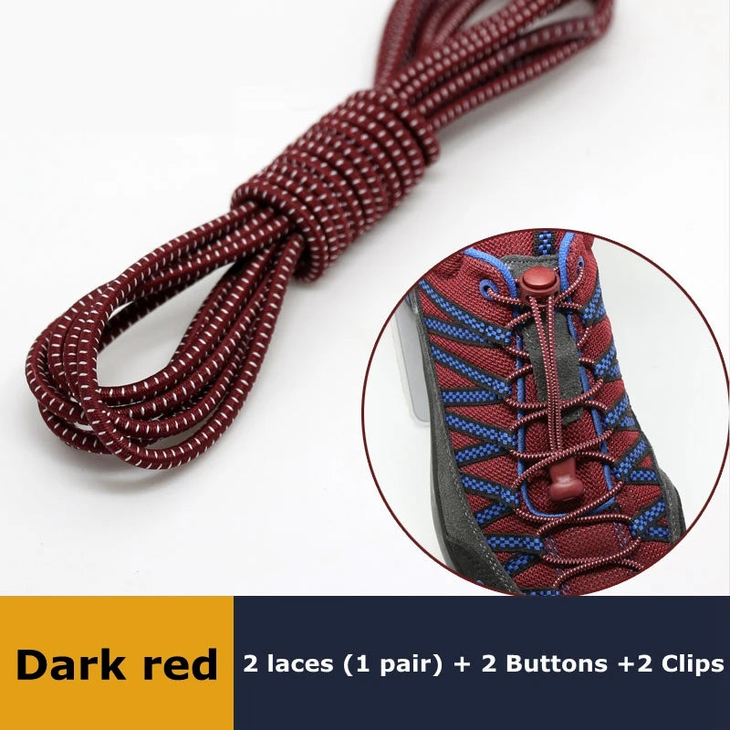 Pair of elastic no-tie sneaker shoelaces with locking and stretching features, round rubber shoestrings for easy, quick lacing.