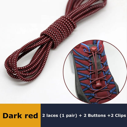 Pair of elastic no-tie sneaker shoelaces with locking and stretching features, round rubber shoestrings for easy, quick lacing.