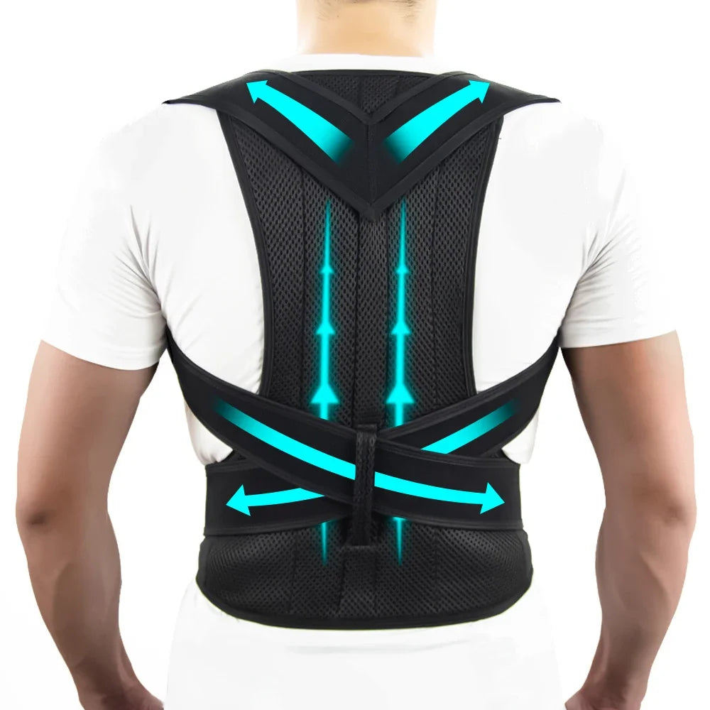 Adjustable back brace posture corrector for women and men, with shoulder straightener and full back support, in black.