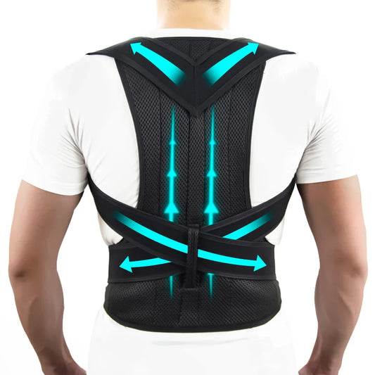 Adjustable back brace posture corrector for women and men, with shoulder straightener and full back support, in black.