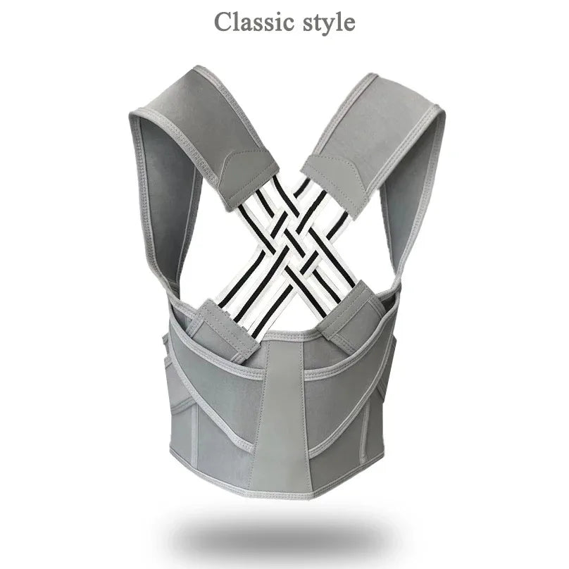 Breathable women's back posture corrector brace with support belt and shoulder straps, designed for posture correction and back support.
