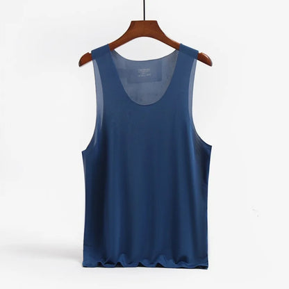 Ice silk men's solid color tank top with U-neck, sleeveless design, seamless fit, elastic casual vest for fitness and youth wear.